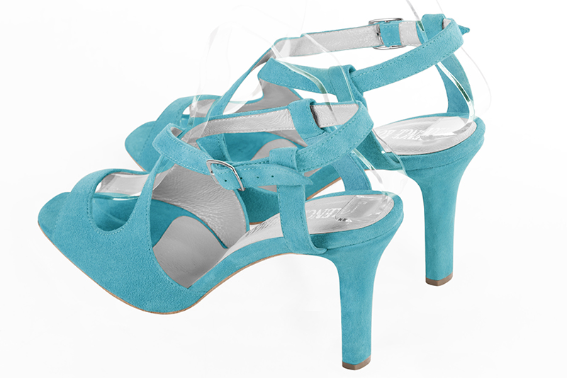 Turquoise blue women's open back sandals, with crossed straps. Round toe. High slim heel. Rear view - Florence KOOIJMAN